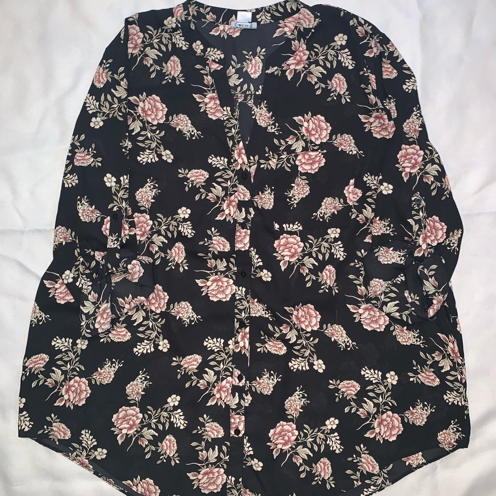Simply Emma 3X blk button down floral pattern